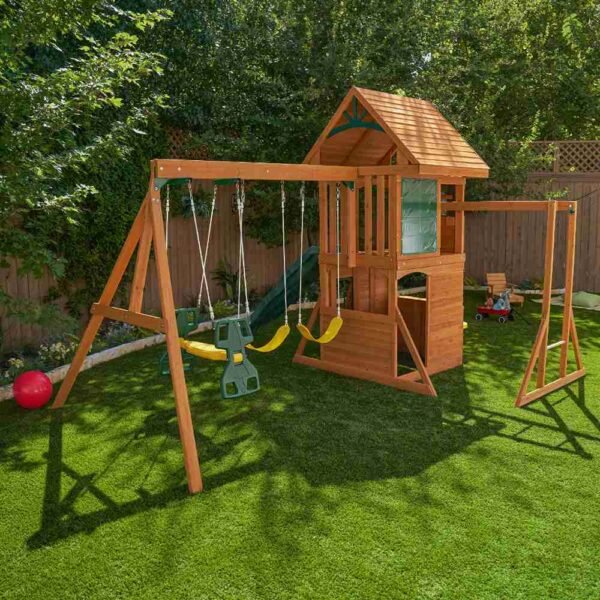 KidKraft Ridgeview Deluxe Clubhouse Wooden Swing Set – Outdoor Playset with Swings, Slide, and Climbing Wall