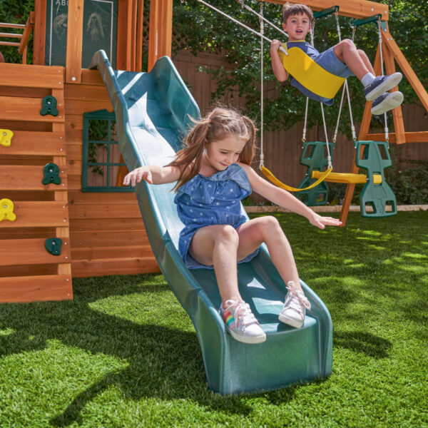 KidKraft Ridgeview Deluxe Clubhouse Wooden Swing Set – Outdoor Playset with Swings, Slide, and Climbing Wall