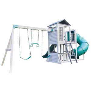 KidKraft Silver Sands Wooden Outdoor Swing Set with Slide, Rock Wall & Clubhouse