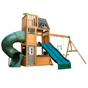 KidKraft Summit View Wooden Outdoor Playset with Slide, Swings & Climbing Wall