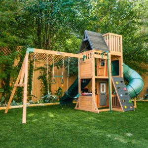 KidKraft Summit View Wooden Outdoor Playset with Slide, Swings & Climbing Wall