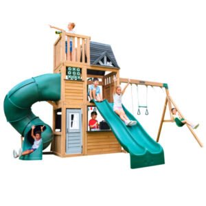 KidKraft Summit View Wooden Outdoor Playset with Slide, Swings & Climbing Wall