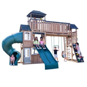 KidKraft Treetop Observatory Wooden Outdoor Swing Set with Slide, Rock Wall & Clubhouse