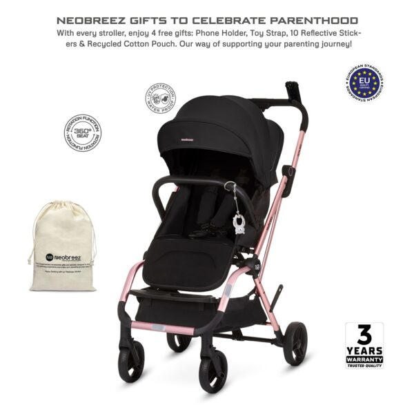 Neobreez – Octa 360° Rotating Seat Lightweight Compact Travel Stroller – Baby & Toddler – Black