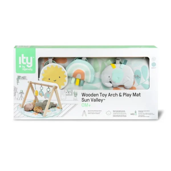 Ingenuity – Sun Valley Wooden Toy Arch & Play Mat, Nature-Inspired Baby Gym with Developmental Toys, Gender-Neutral