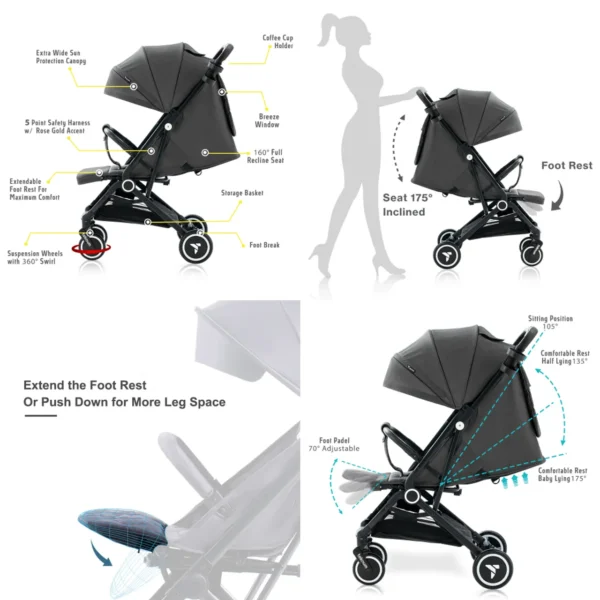 Teknum – travel Cabin Stroller with Coffee Cup Holder – Slate Grey