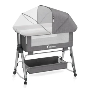 Teknum Bedside Crib with Storage Basket, Adjustable Anti-Reflux, Mosquito Net Mattress Included - Grey