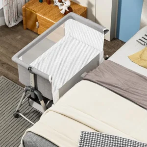 Teknum Bedside Crib with Storage Basket, Adjustable Anti-Reflux, Mosquito Net Mattress Included - Grey