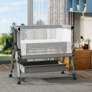Teknum Bedside Crib with Storage Basket, Adjustable Anti-Reflux, Mosquito Net Mattress Included - Grey