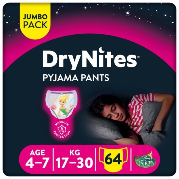 Huggies – Drynites Pyjama Pants, 4-7 Y, Girl 17-30 kg – 64 Bed Wetting Pants