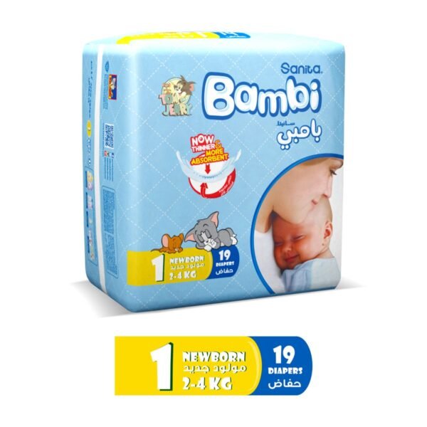 Sanita Bambi – Baby Diapers Regular Pack, Size 1, Newborn 2-4 KG, 19 Count