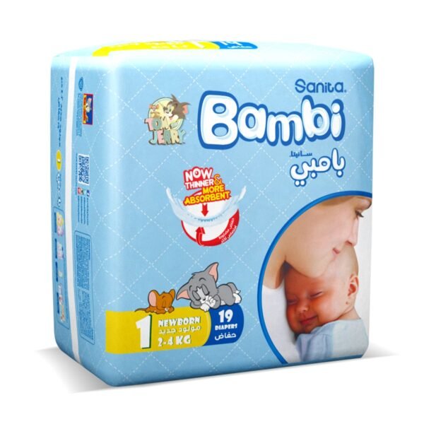 Sanita Bambi – Baby Diapers Regular Pack, Size 1, Newborn 2-4 KG, 19 Count
