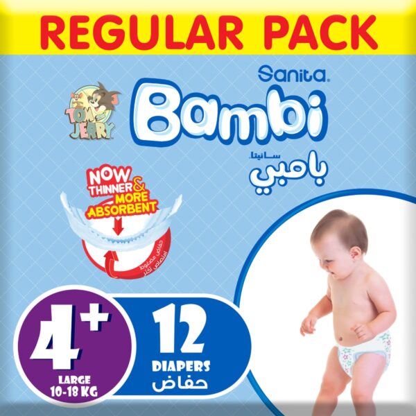 Sanita Bambi – Baby Diapers Regular Pack Size 4+, Large plus, 10-18 KG, 12 Count