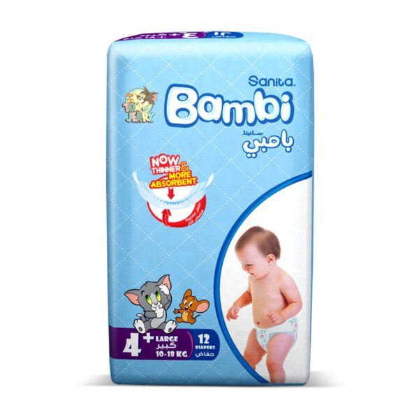 Sanita Bambi – Baby Diapers Regular Pack Size 4+, Large plus, 10-18 KG, 12 Count