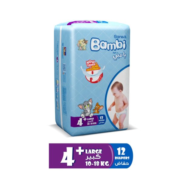 Sanita Bambi – Baby Diapers Regular Pack Size 4+, Large plus, 10-18 KG, 12 Count