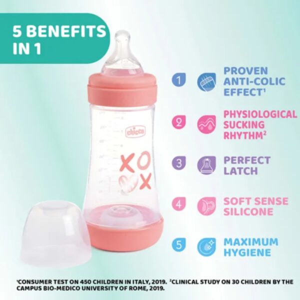 Chicco – Perfect 5 Feeding Bottle 240ml Medium Flow Silicone – Pink