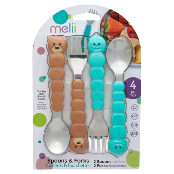 Melii Spoons & Forks Set – Brown Bear & Turquoise Shark (4 Pcs)
