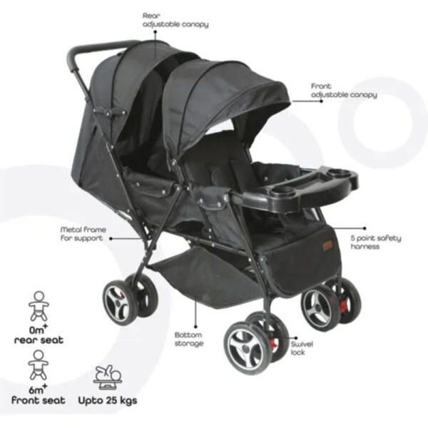Moon – Magnum Tandem Easy Fold Twin Travel Stroller – Black