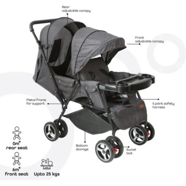 Moon – Magnum Tandem Easy Fold Twin Travel Stroller – Black + Grey dots