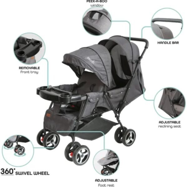 Moon – Magnum Tandem Easy Fold Twin Travel Stroller – Black + Grey dots