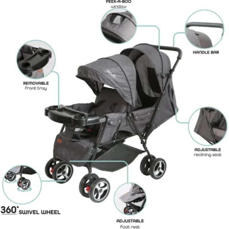 Moon - Magnum Tandem Easy Fold Twin Travel Stroller - Black + Grey dots
