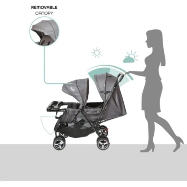 Moon – Magnum Tandem Easy Fold Twin Travel Stroller – Black + Grey dots