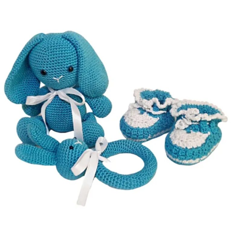 Pikkaboo - Snuggle And Play Soft Crocheted Bunny Set - Blue And White