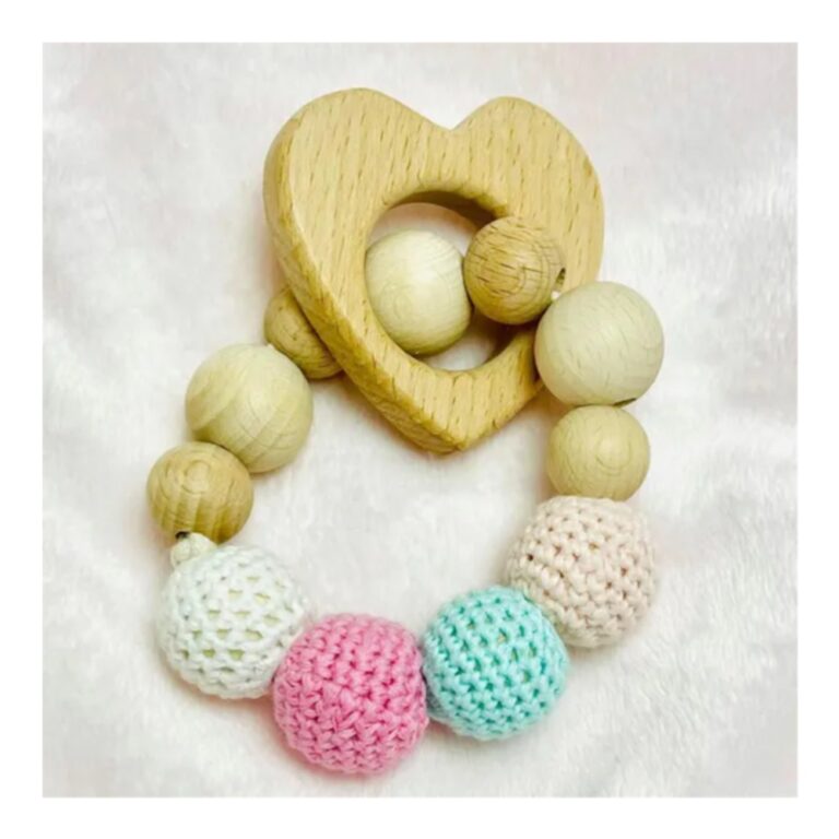 Pikkaboo - Snuggle & Play Handmade Crochet Teether With Wooden Heart Braclet