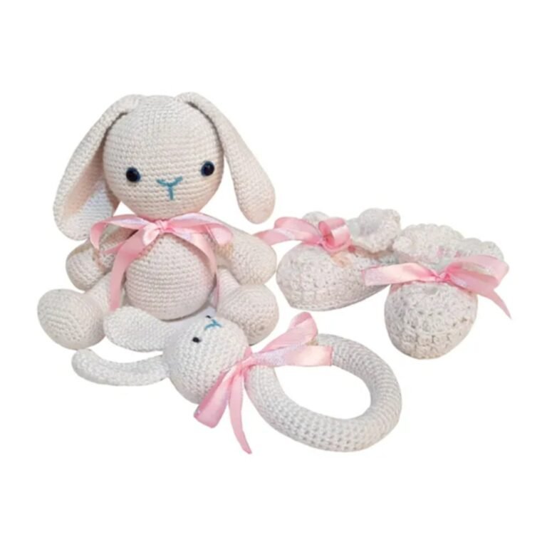 Pikkaboo - Snuggle and Play Soft Crocheted Bunny Set - White and Pink