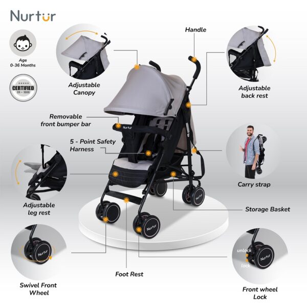 Nurtur Archer Baby/Kids Lightweight Stroller – (0-36 months) – Grey