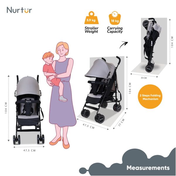 Nurtur Archer Baby/Kids Lightweight Stroller – (0-36 months) – Grey