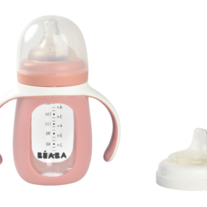 Beaba – 2-in-1 Learning Bottle 210ml + Silicone Sleeve – Old Pink