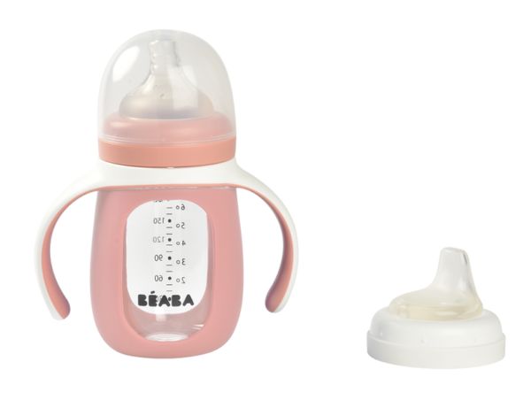 Beaba – 2-in-1 Learning Bottle 210ml + Silicone Sleeve – Old Pink