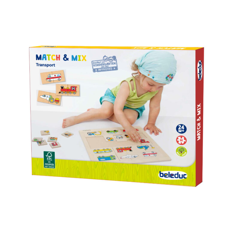 Beleduc - Match & Mix Transport Puzzle Educational Memory & Matching Game ,30 Wooden Pieces