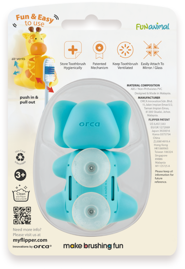Flipper – Elephant Toothbrush Holder for Kids – Suction Cup, One-Touch, Hygienic & Travel-Friendly, 3Y+