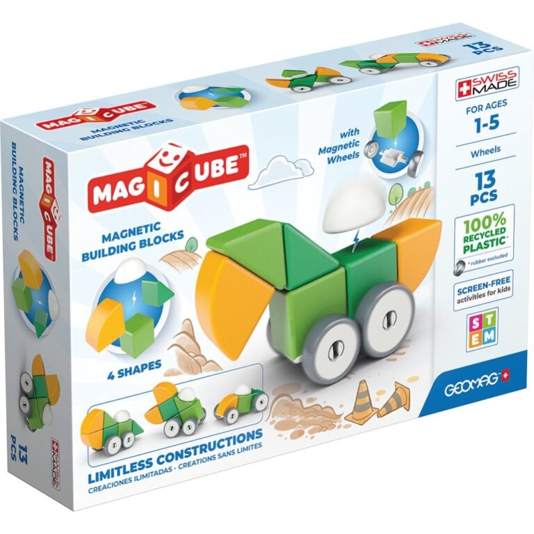 Geomag - Magicube 4 Shapes Magnetic Blocks, Magnetic Wheels, Screen Free Activity for Kids 13 Pcs, Ages 1 Year+