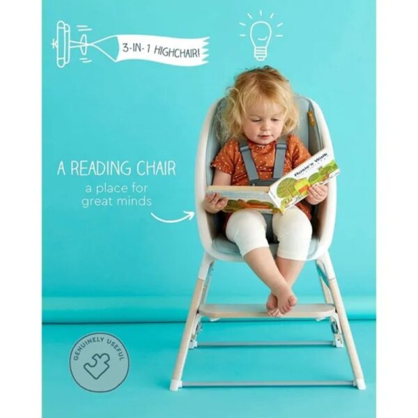 Koo-di Tiny Taster 3-in-1 Wooden Highchair – Convertible Baby & Toddler Feeding Chair with Tray (Rain Cloud)
