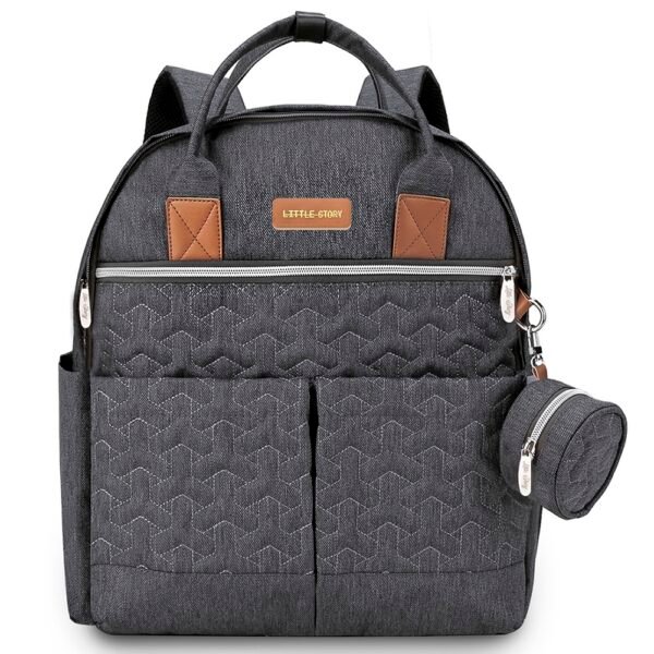 Little Story – Quilted Diaper Backpack W/ Pacifier Bag And Stroller Hooks – Grey