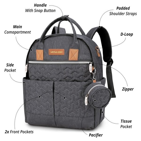 Little Story – Quilted Diaper Backpack W/ Pacifier Bag And Stroller Hooks – Grey