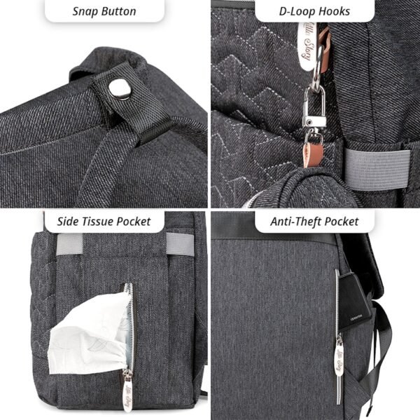 Little Story – Quilted Diaper Backpack W/ Pacifier Bag And Stroller Hooks – Grey