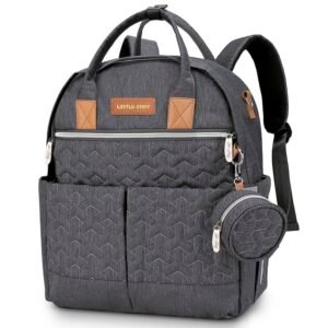 Little Story – Quilted Diaper Backpack W/ Pacifier Bag And Stroller Hooks – Grey