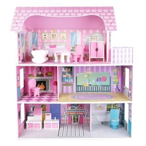 Little Story - Wooden Dollhouse Triple Floor Castle Villa w/ Furniture and Accessories - Pink