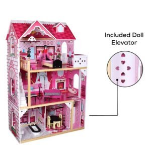 Little Story - Wooden Dollhouse Triple Floor Extra large w/ Escalator, Furniture and Accessories - Pink