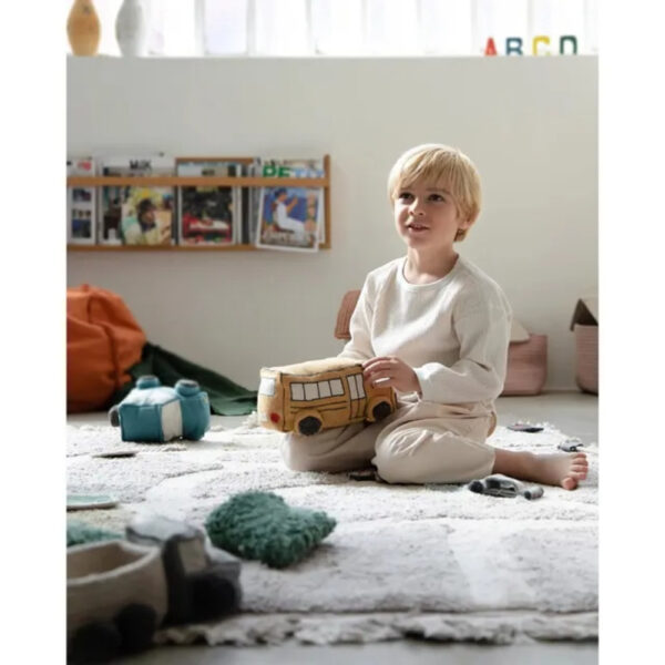Lorena Canals – Soft Toy Ride & Roll School Bus – Washable Cotton Play Mat & Plush Vehicle Set