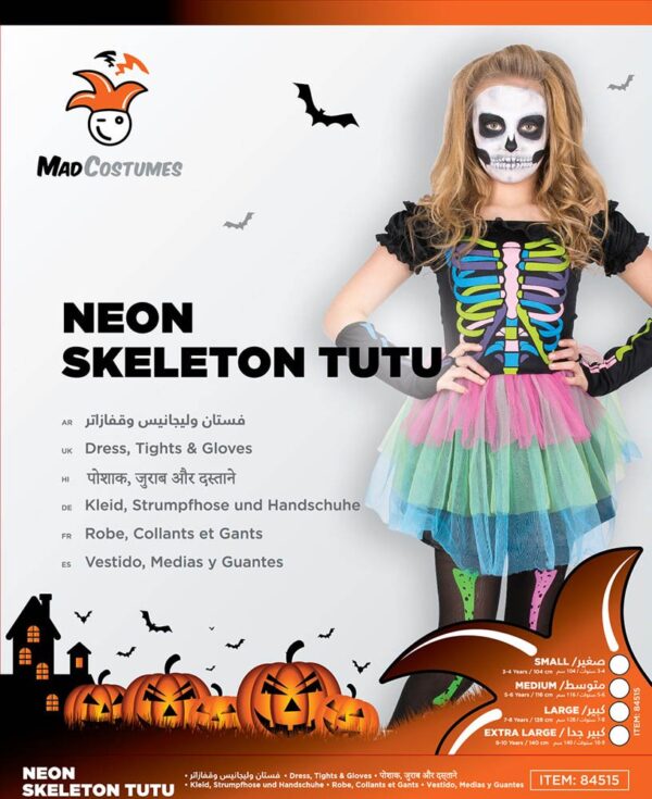 Mad Costumes – Neon Skeleton Tutu Dress Kids Halloween Costume – Multi