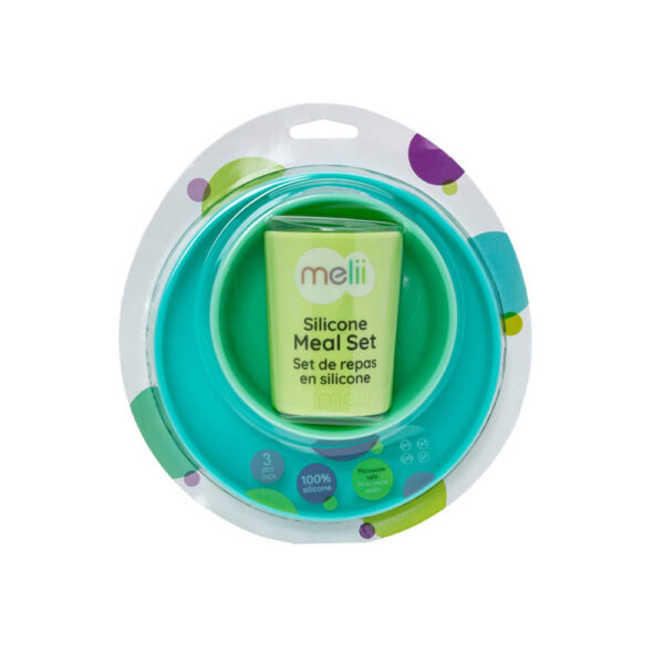 Melii – 3 Piece Silicone Feeding Set (Plate, Bowl & Cup) Blue, Lime, Mint