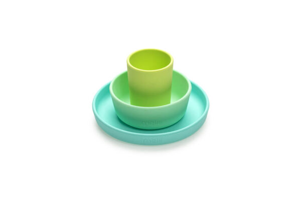 Melii – 3 Piece Silicone Feeding Set (Plate, Bowl & Cup) Blue, Lime, Mint
