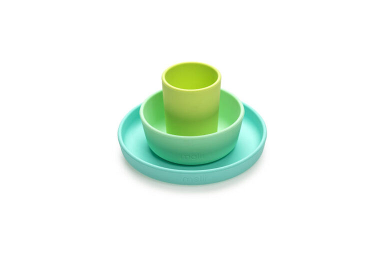 Melii - 3 Piece Silicone Feeding Set (Plate, Bowl & Cup) Blue, Lime, Mint