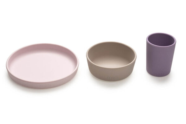 Melii – 3 Piece Silicone Feeding Set (Plate, Bowl & Cup) Purple, Pink, Grey