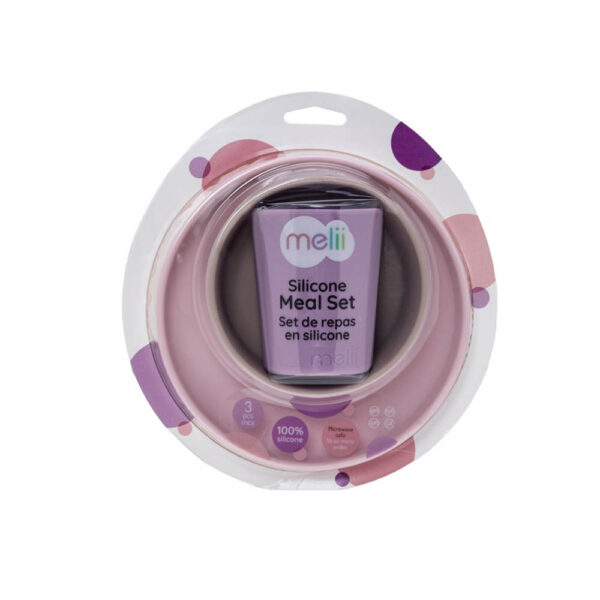 Melii – 3 Piece Silicone Feeding Set (Plate, Bowl & Cup) Purple, Pink, Grey